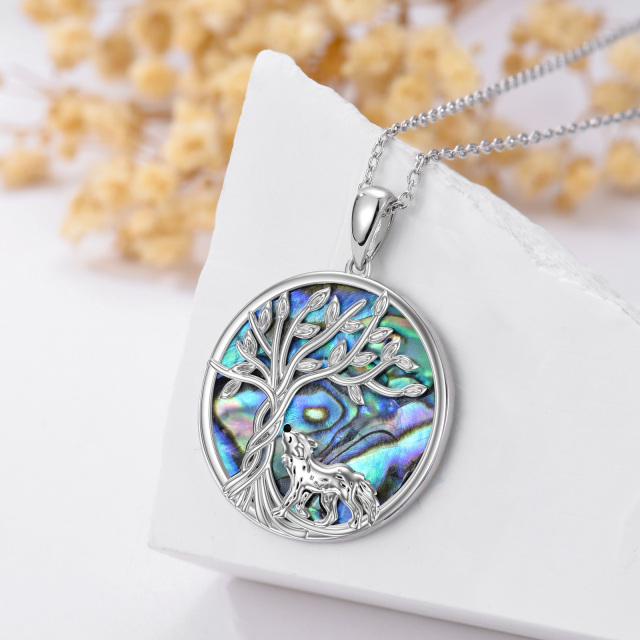 Sterling Silver Circular Shaped Abalone Shellfish Wolf & Tree Of Life Pendant Necklace-3