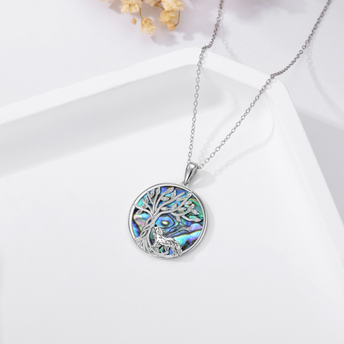 Sterling Silver Circular Shaped Abalone Shellfish Wolf & Tree Of Life Pendant Necklace-4