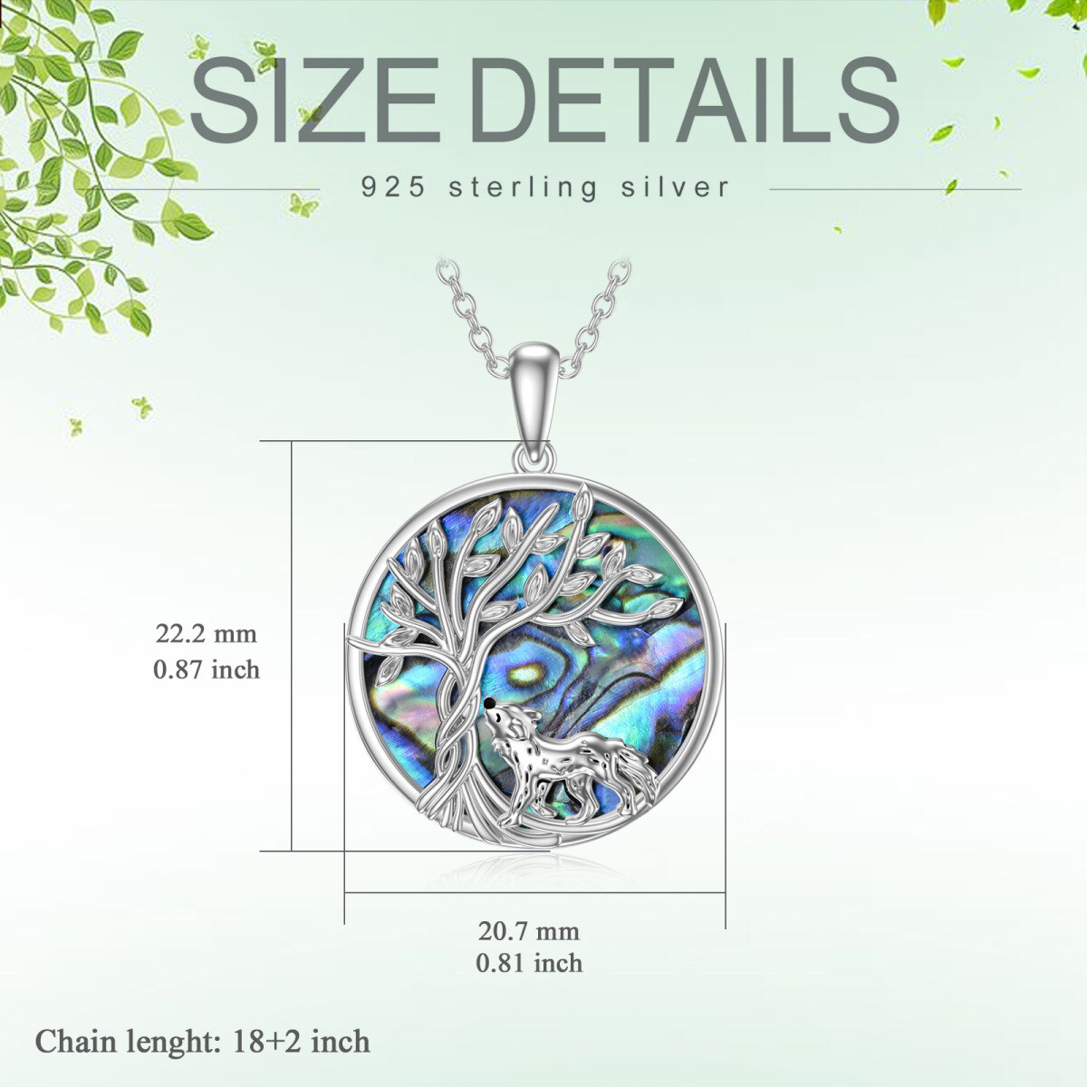 Sterling Silver Circular Shaped Abalone Shellfish Wolf & Tree Of Life Pendant Necklace-5