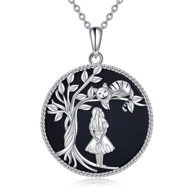 Sterling Silver Circular Shaped Agate Cat & Tree Of Life Pendant Necklace-1