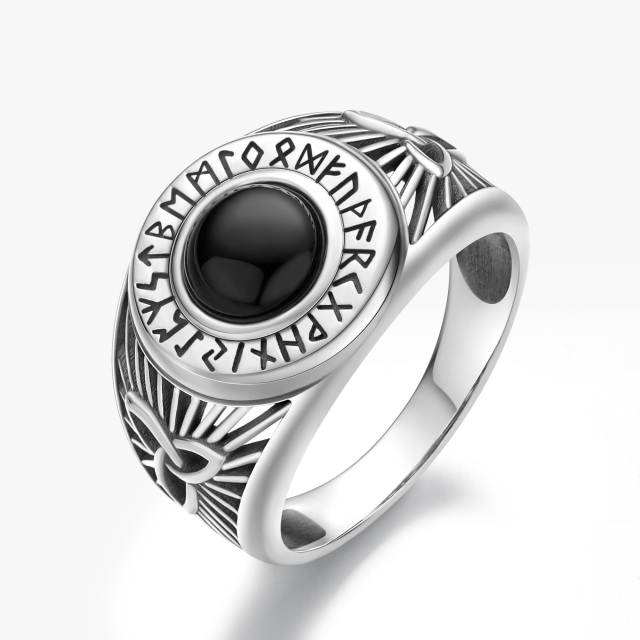 Bague chevalière en argent sterling en forme d'agate circulaire nœud celtique et rune viki-1