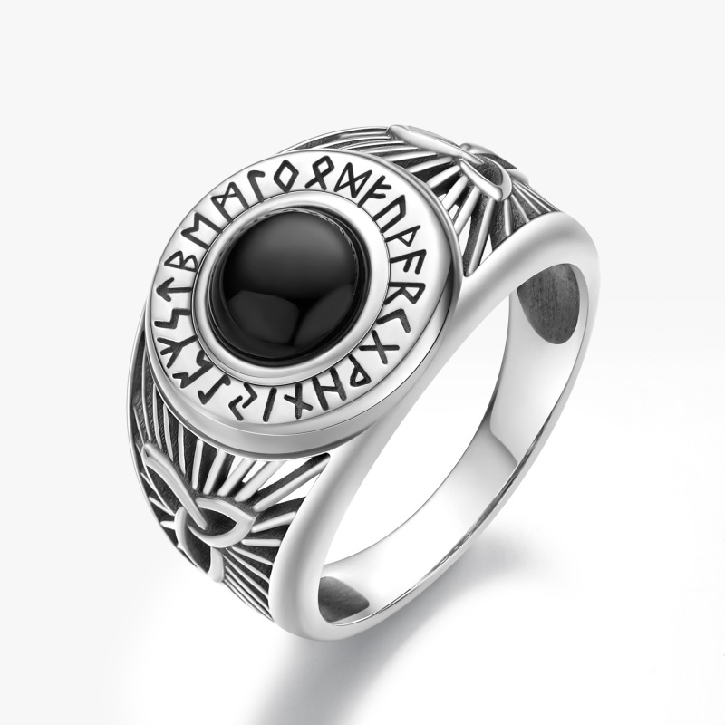 Anillo de plata de ley con forma circular de ágata con nudo celta y runa vikinga para homb-17