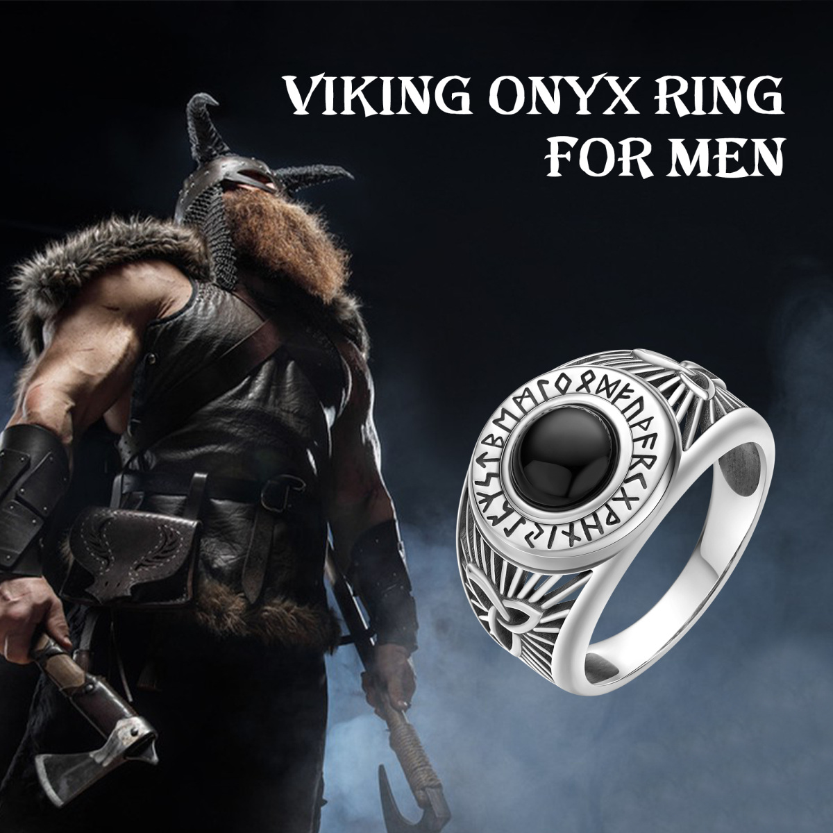 Anillo de plata de ley con forma circular de ágata con nudo celta y runa vikinga para homb-6