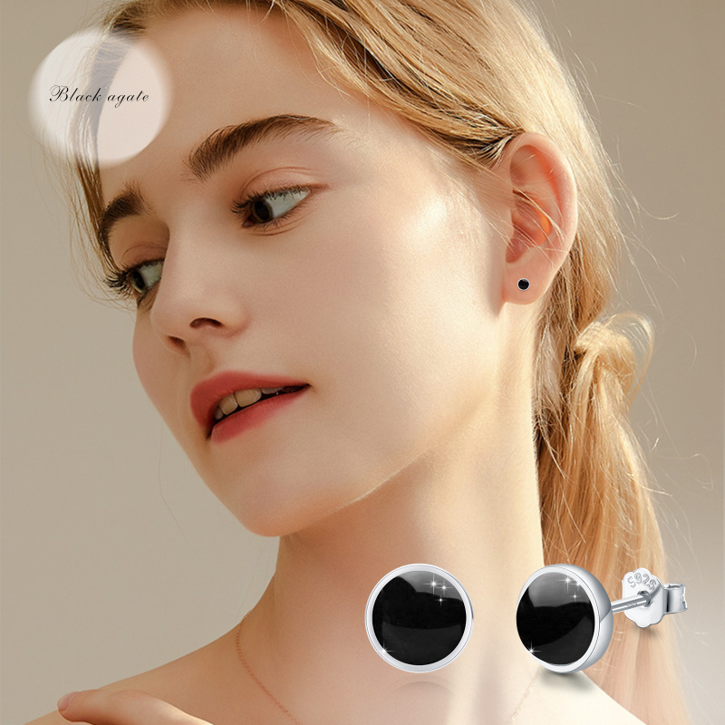Pendientes redondos de plata de ley con forma circular de ágata-2