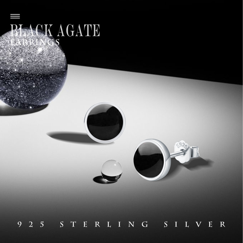 Pendientes redondos de plata de ley con forma circular de ágata-4