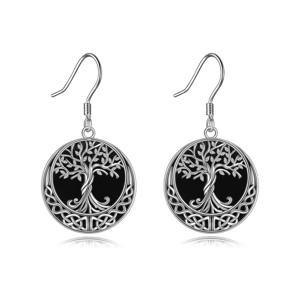 Pendientes de plata de ley con forma circular de ágata Árbol de la Vida-1