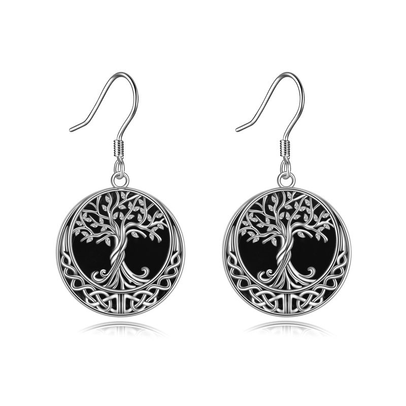 Sterling Silver Circular Shaped Agate Tree Of Life Drop Earrings-1