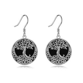 Sterling Silver Circular Shaped Agate Tree Of Life Drop Earrings-4