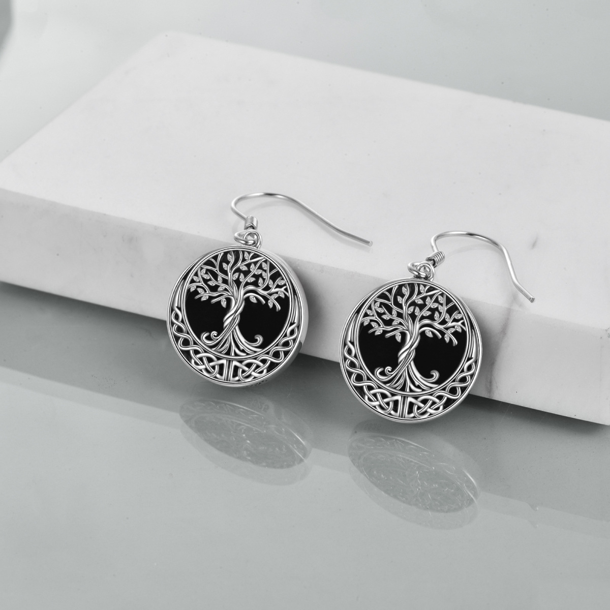 Boucles d'oreilles pendantes en argent sterling en forme d'agate circulaire et d'arbre de-3