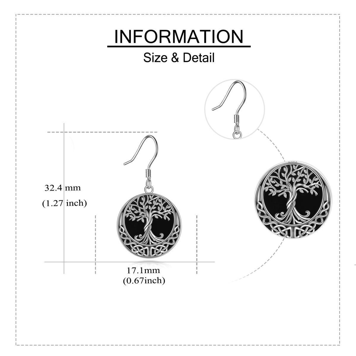 Sterling Silver Circular Shaped Agate Tree Of Life Drop Earrings-5