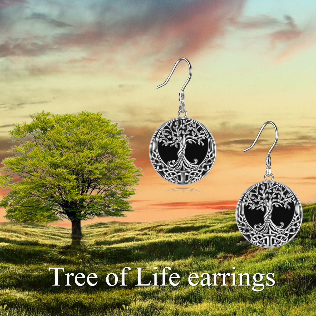 Sterling Silver Circular Shaped Agate Tree Of Life Drop Earrings-6