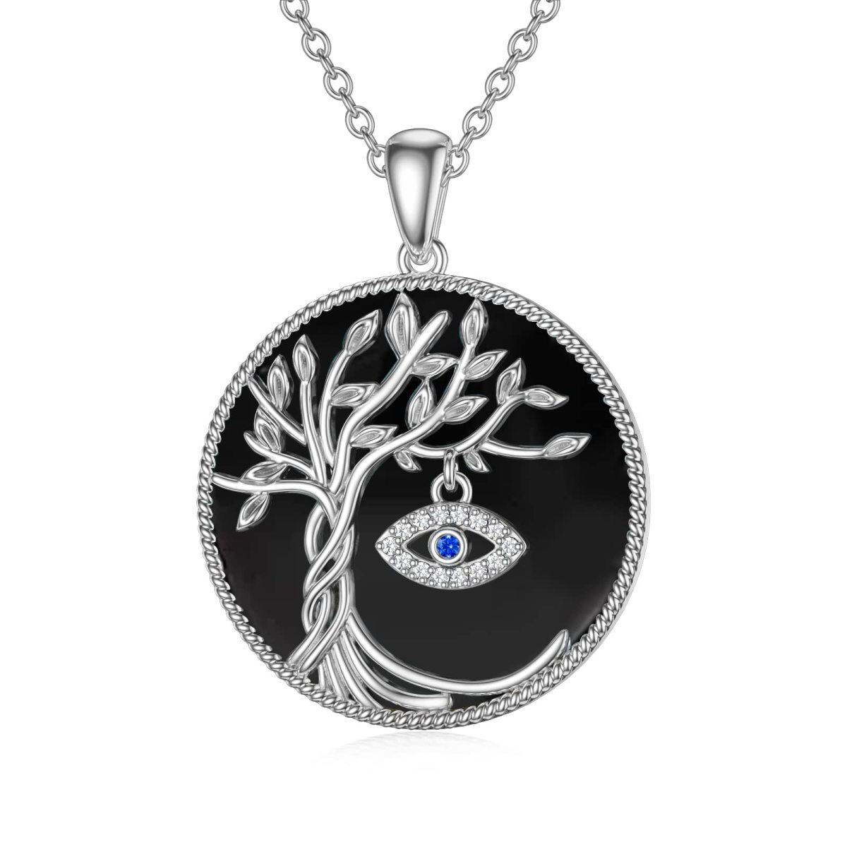 Sterling Silver Circular Shaped Agate Tree Of Life & Evil Eye Pendant Necklace-1