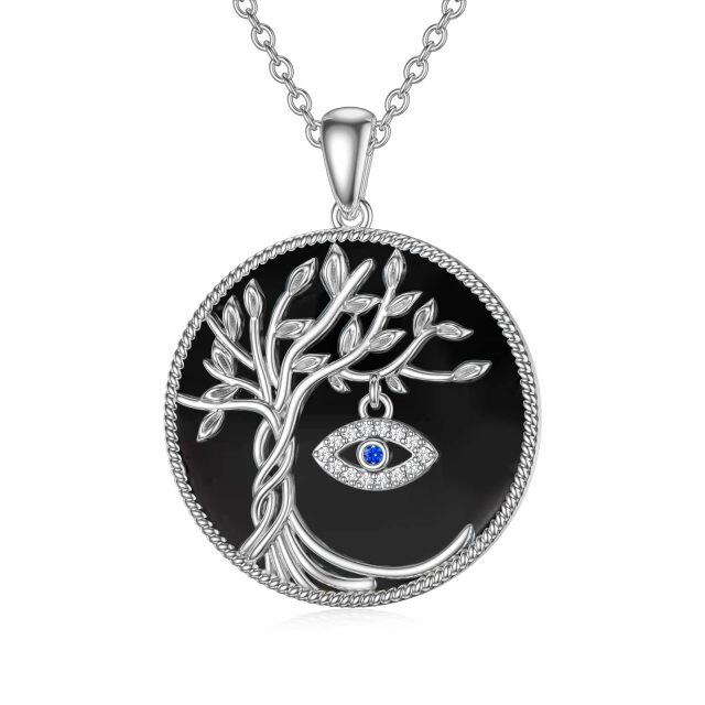 Collana in argento sterling con ciondolo a forma di albero della vita e malocchio in agata a forma circolare-1