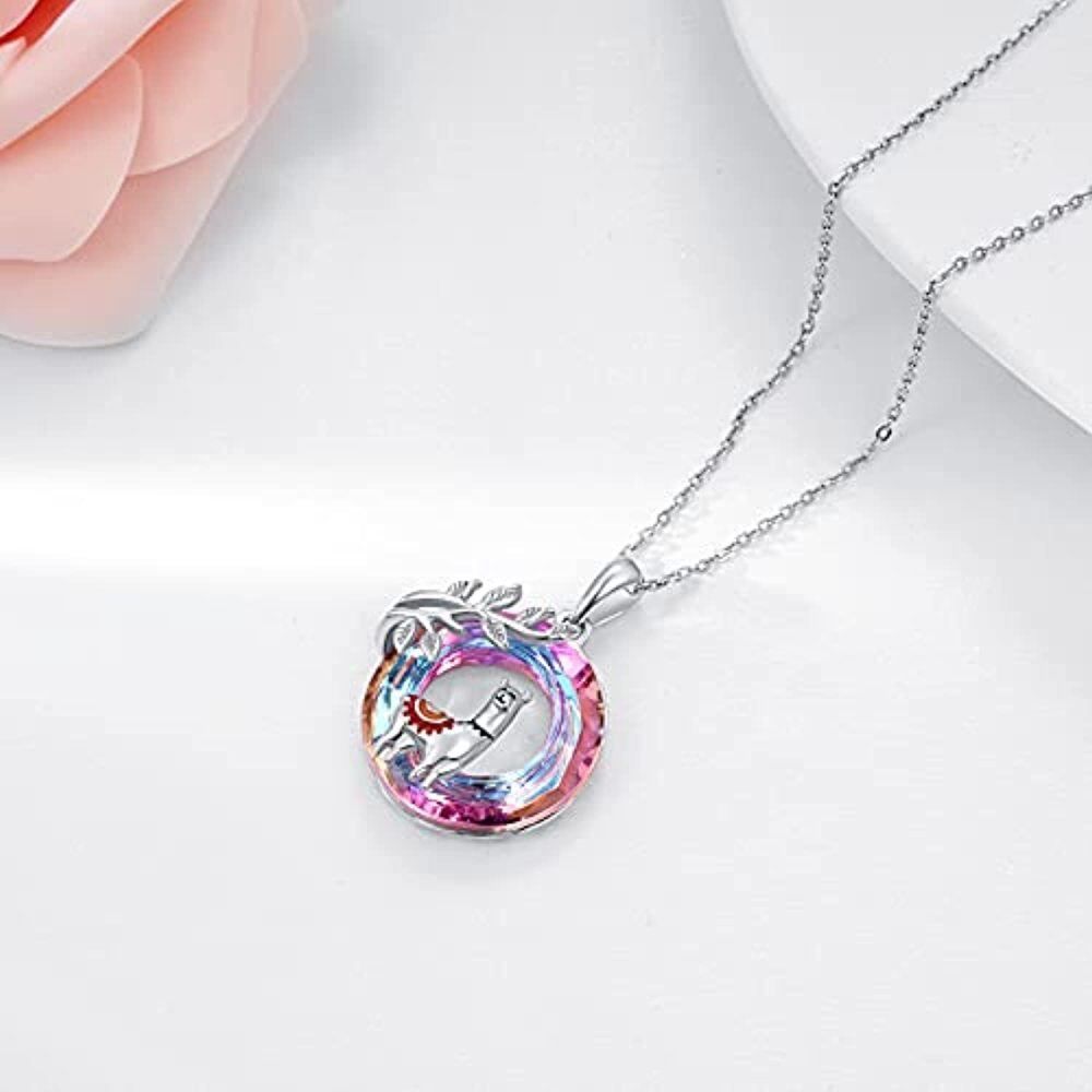 Sterling Silver Circular Shaped Alpaca Crystal Pendant Necklace-4