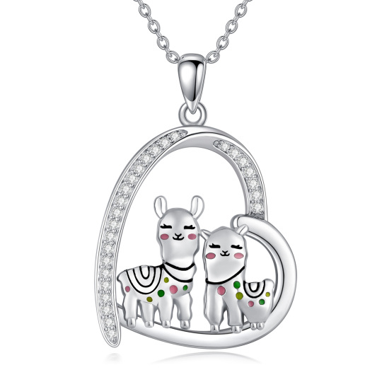 Sterling Silver Circular Shaped Cubic Zirconia Alpaca & Heart Pendant Necklace