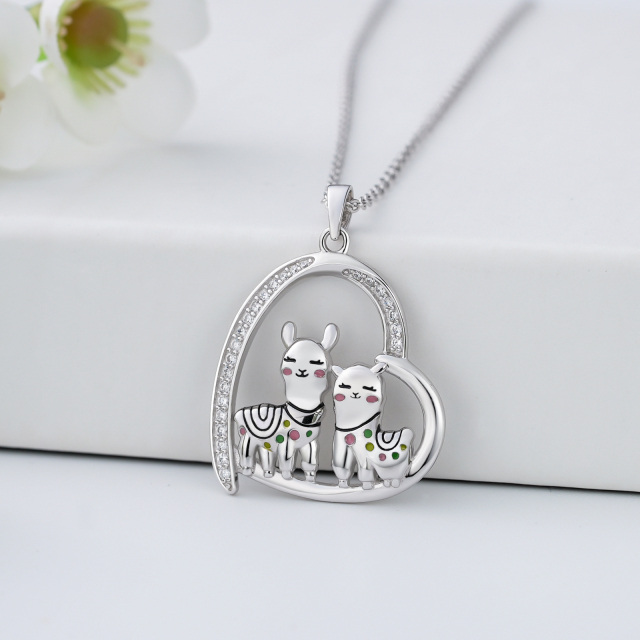 Sterling Silver Circular Shaped Cubic Zirconia Alpaca & Heart Pendant Necklace-3