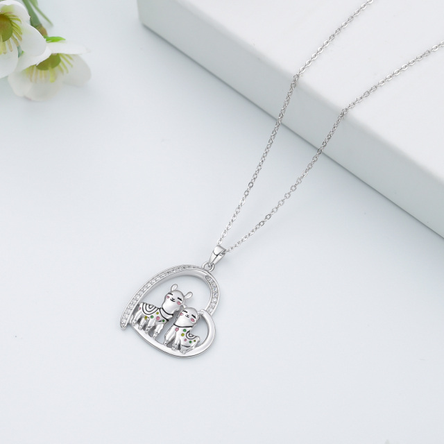 Sterling Silver Circular Shaped Cubic Zirconia Alpaca & Heart Pendant Necklace-4