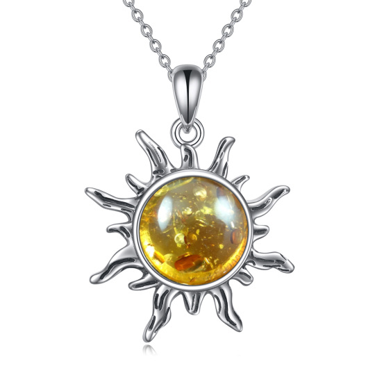 Sterling Silver Circular Shaped Amber Sun Pendant Necklace