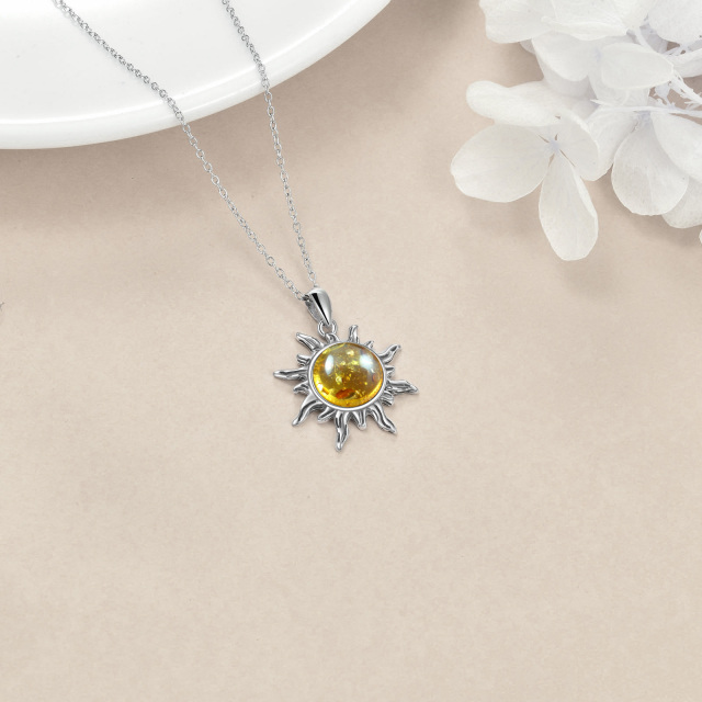 Sterling Silver Circular Shaped Amber Sun Pendant Necklace-4