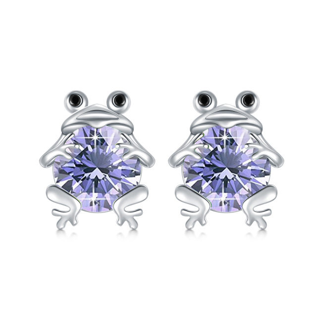 Sterling Silver Circular Shaped Amethyst Frog Stud Earrings-1