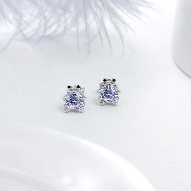 Sterling Silver Circular Shaped Amethyst Frog Stud Earrings-3