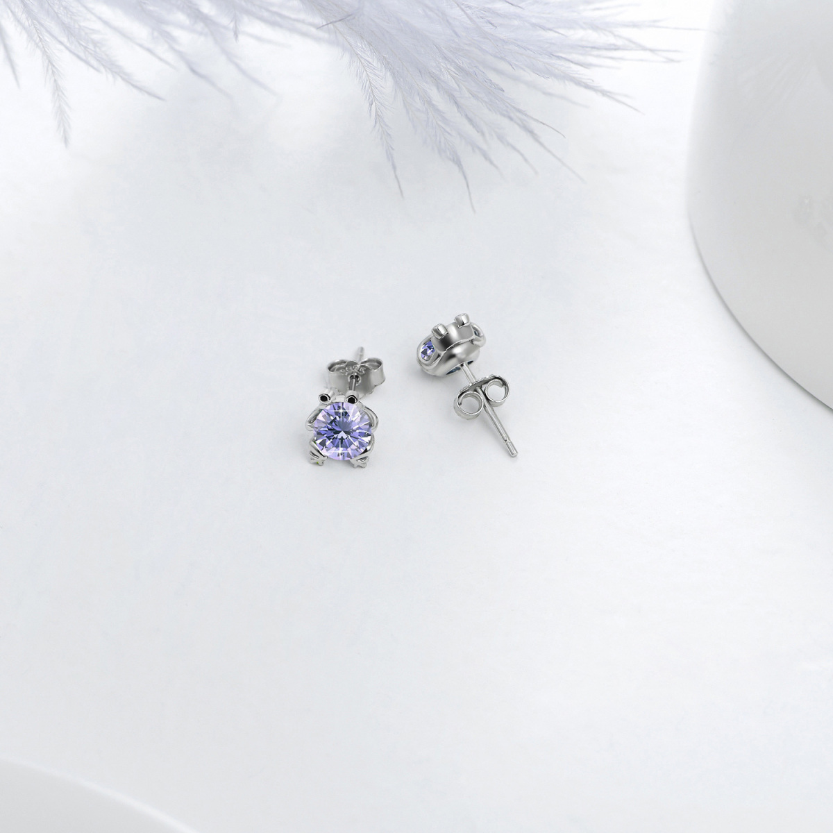 Sterling Silber kreisförmig Amethyst Frosch Ohrstecker-4