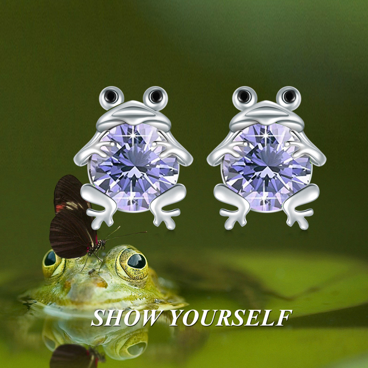 Sterling Silver Circular Shaped Amethyst Frog Stud Earrings-6