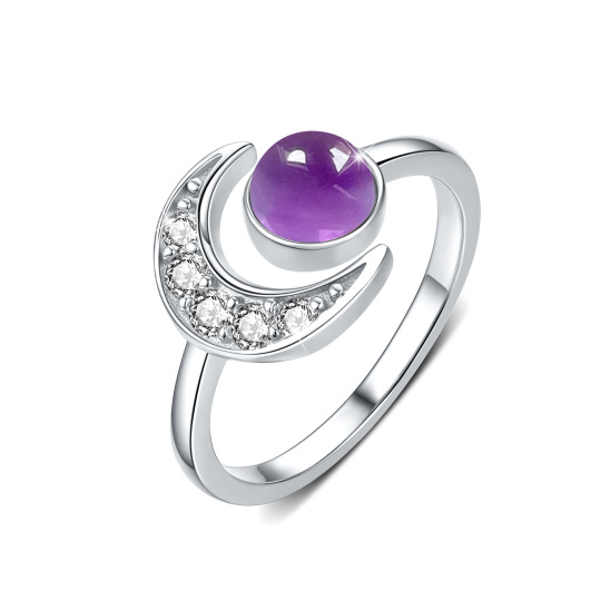 Sterling Silver Circular Shaped Amethyst Moon Open Ring