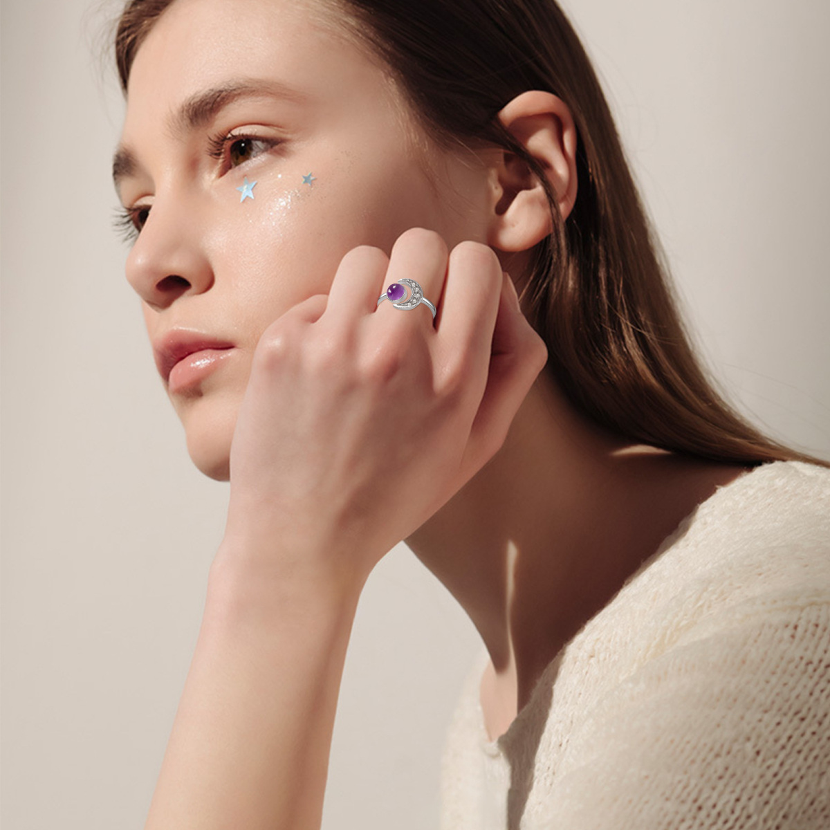 Bague en argent sterling de forme circulaire avec améthyste en forme de lune-2