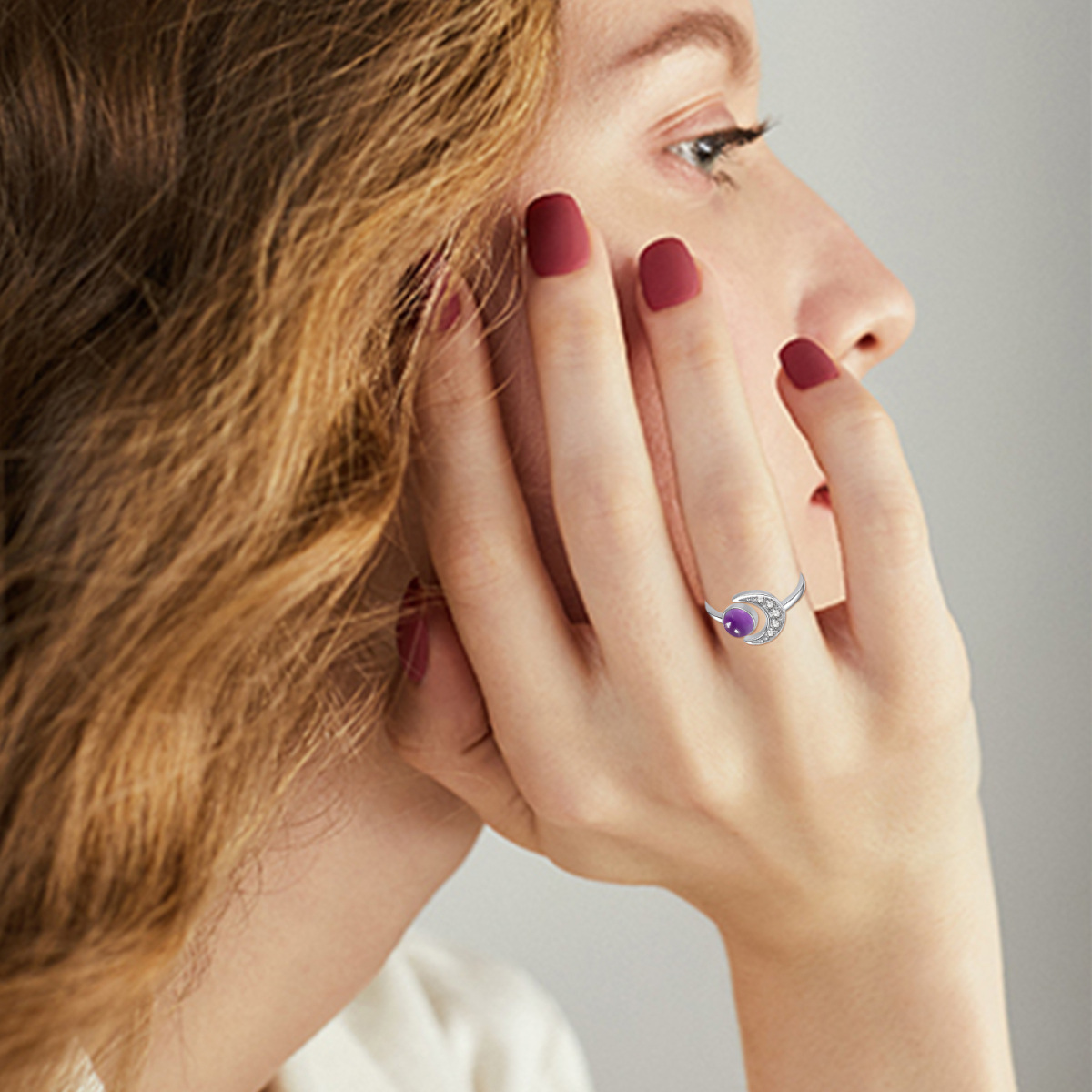 Bague en argent sterling de forme circulaire avec améthyste en forme de lune-3