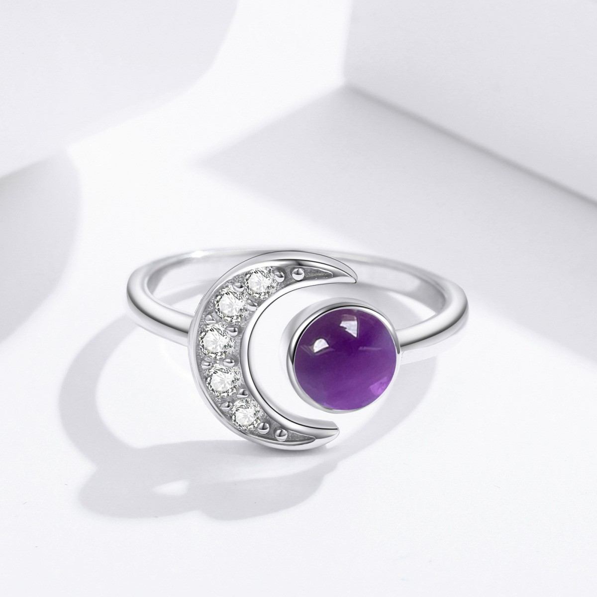 Sterling Silver Circular Shaped Amethyst Moon Open Ring-4