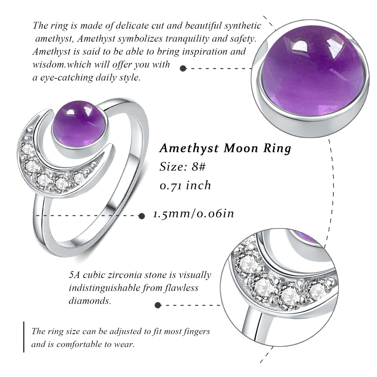 Bague en argent sterling de forme circulaire avec améthyste en forme de lune-5