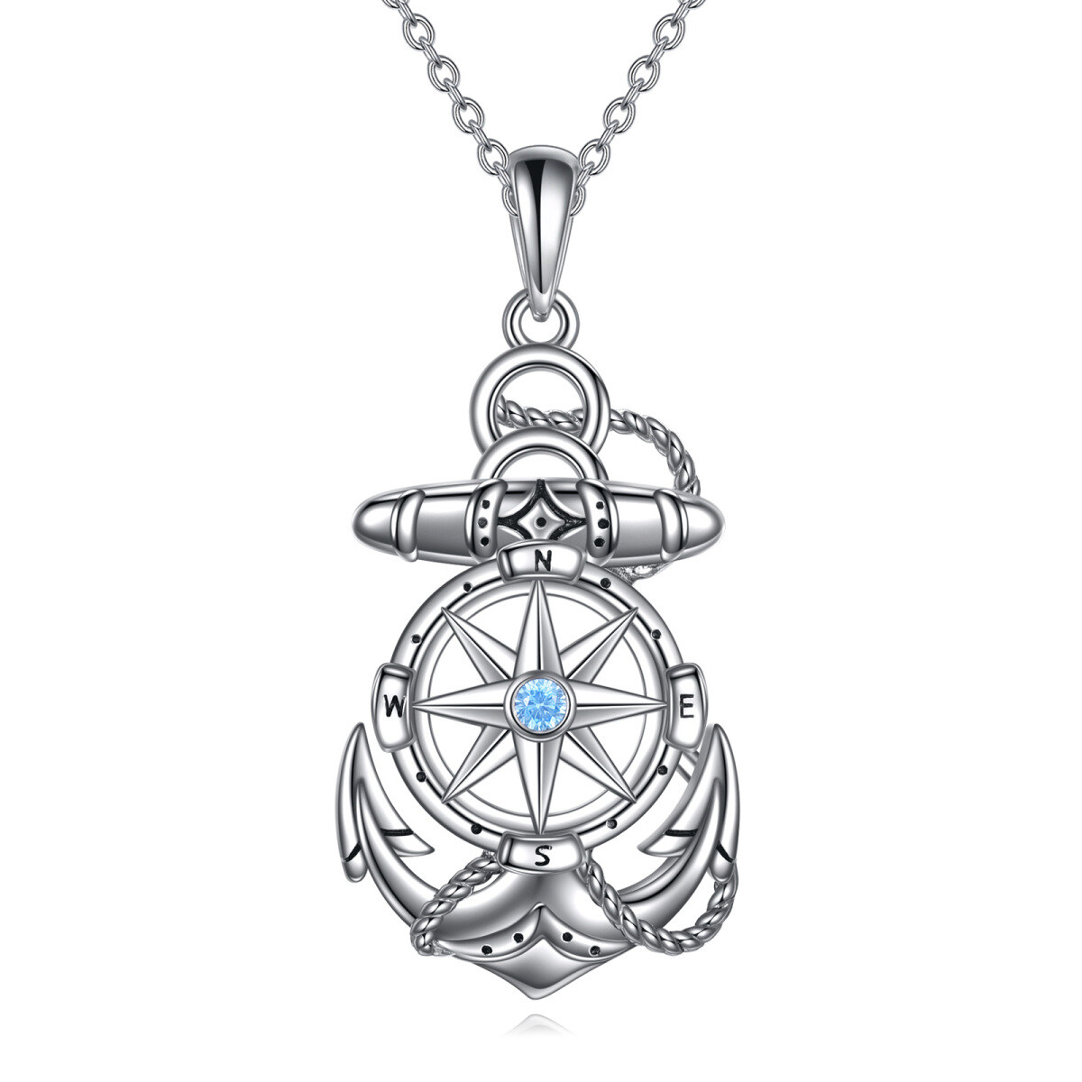 Collier en argent sterling avec pendentif ancre et boussole en zircon cubique de forme cir-1