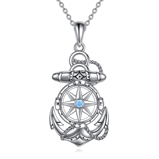 Sterling Silver Circular Shaped Cubic Zirconia Anchor & Compass Pendant Necklace-1