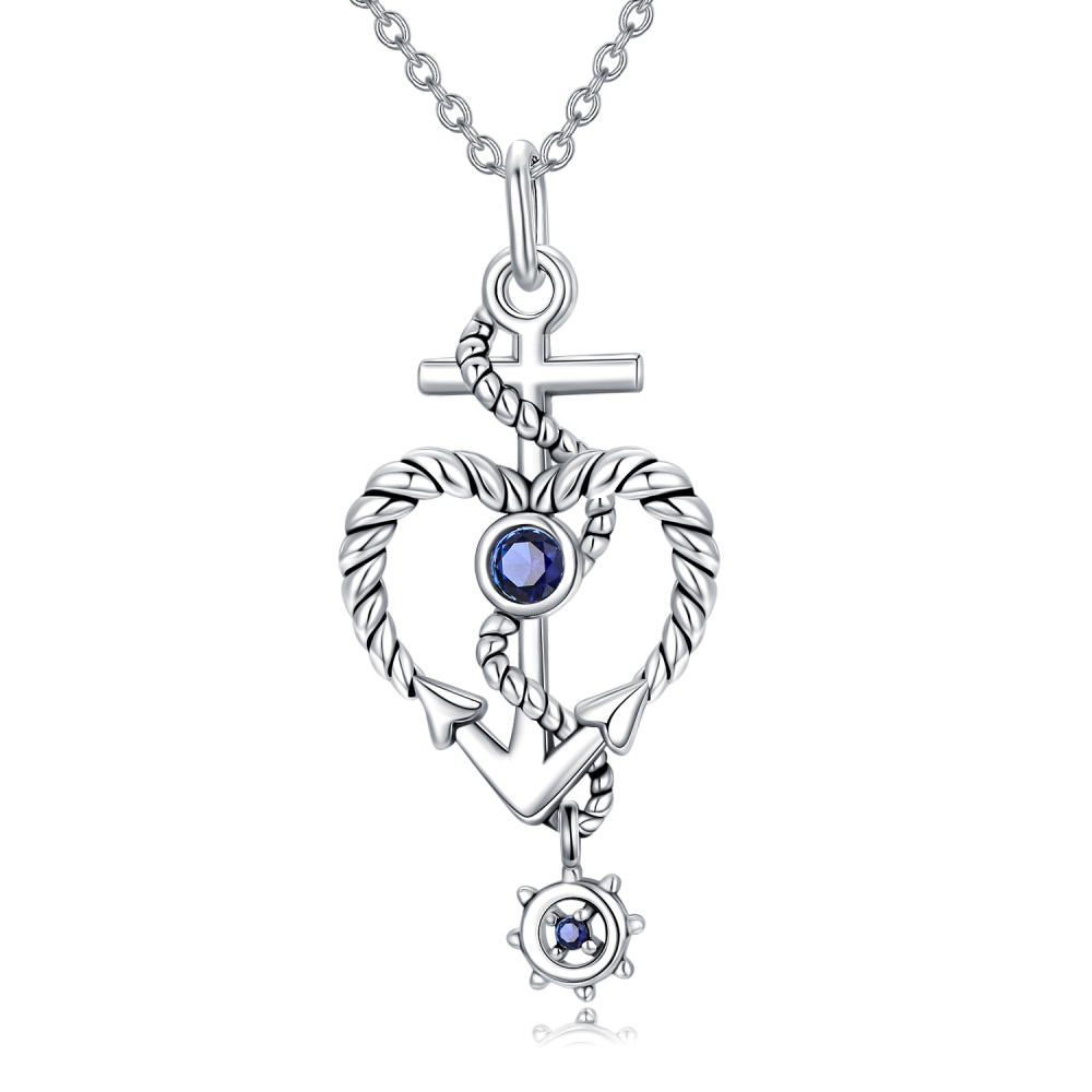 Sterling Silver Cubic Zirconia Anchor Cross Heart Pendant Necklace For Unisex-1