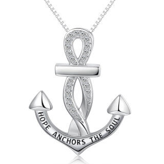 Sterling Silver Circular Shaped Cubic Zirconia Anchor Pendant Necklace with Engraved Word-5