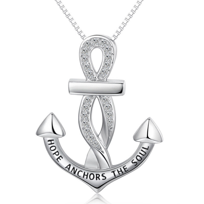 Sterling Silver Circular Shaped Cubic Zirconia Anchor Pendant Necklace with Engraved Word-7