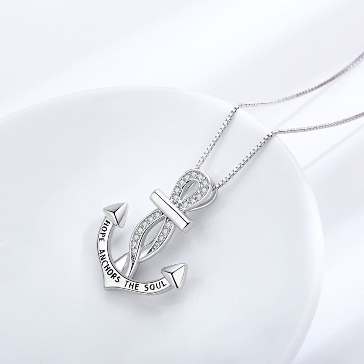 Sterling zilveren cirkelvormige cubic zirconia anker hanger ketting met gegraveerd woord-4