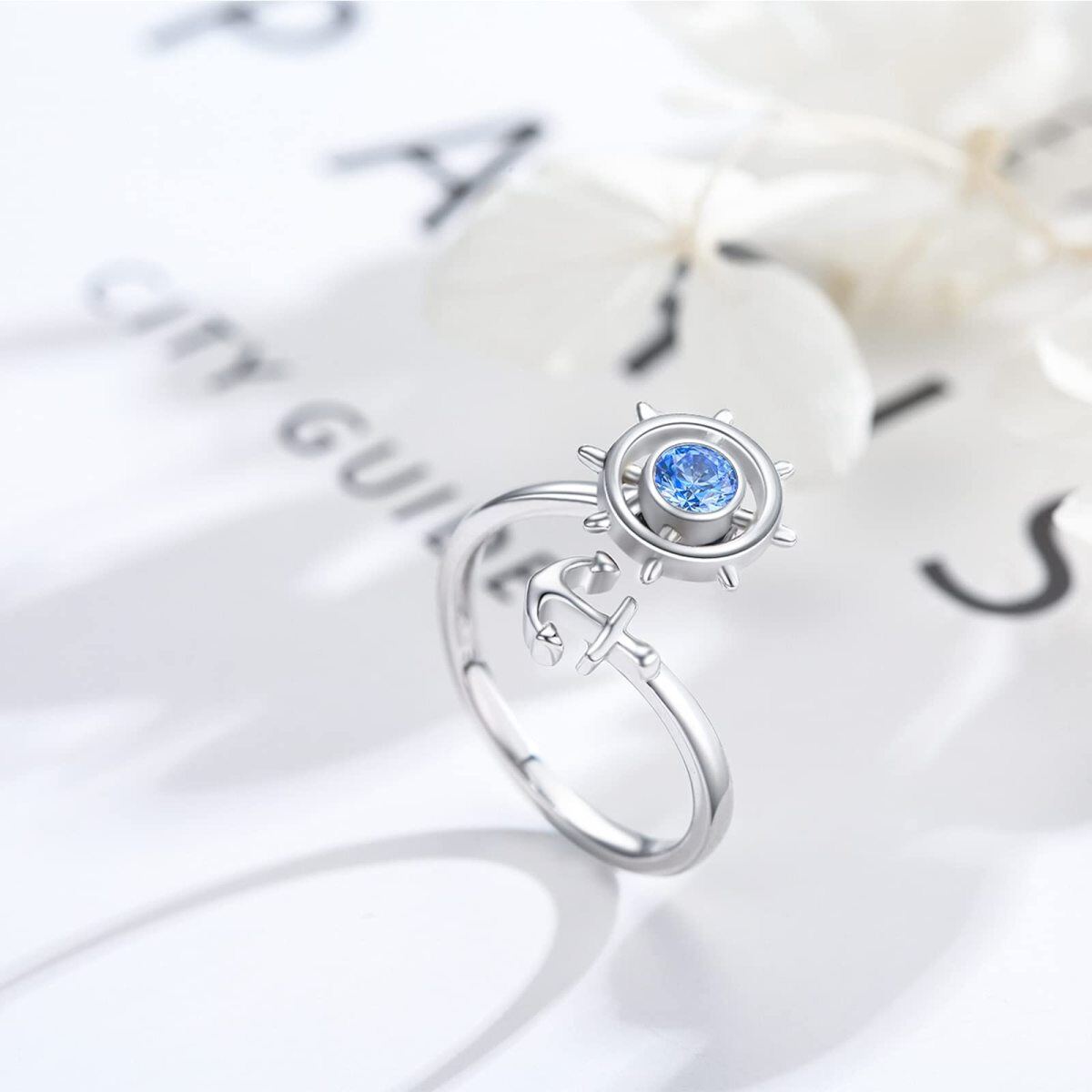 Anello aperto con ancora e timone in argento sterling a forma di cerchio con zirconi cubic-4