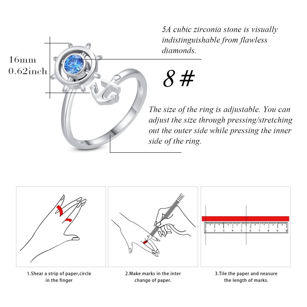 Anillo abierto de plata de ley con forma circular y circonitas cúbicas Ancla y timón-5