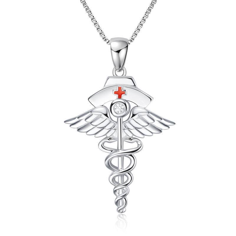 Collana con ciondolo a forma di angelo e stetoscopio in argento sterling a forma di circolare con zirconi cubici-1