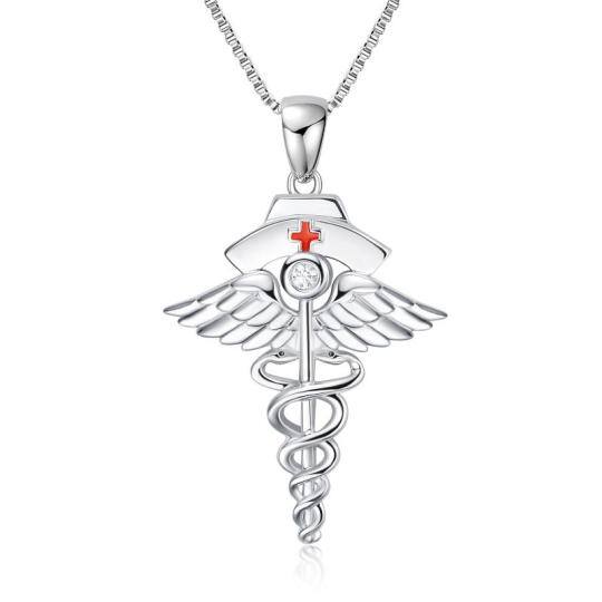 Sterling Silver Circular Shaped Cubic Zirconia Angel & Stethoscope Pendant Necklace