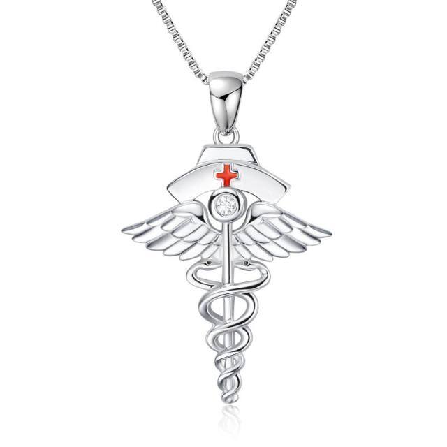 Sterling Silver Circular Shaped Cubic Zirconia Angel & Stethoscope Pendant Necklace-1