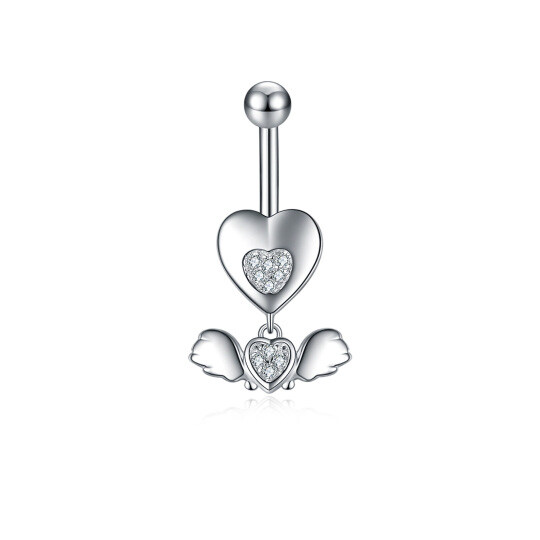 Sterling Silver Circular Shaped Cubic Zirconia Angel Wing Belly Button Ring