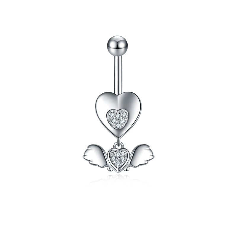 Sterling Silver Circular Shaped Cubic Zirconia Angel Wing Belly Button Ring-17