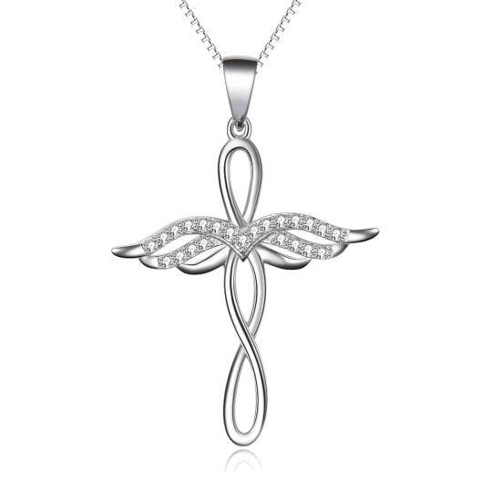 Sterling Silver Circular Shaped Cubic Zirconia Angel Wing & Cross & Infinity Symbol Pendant Necklace