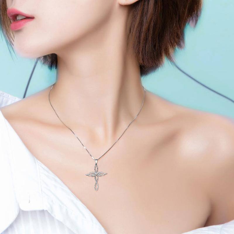 Sterling Silver Angel Wing Cross & Infinity Symbol Necklace For Women-2