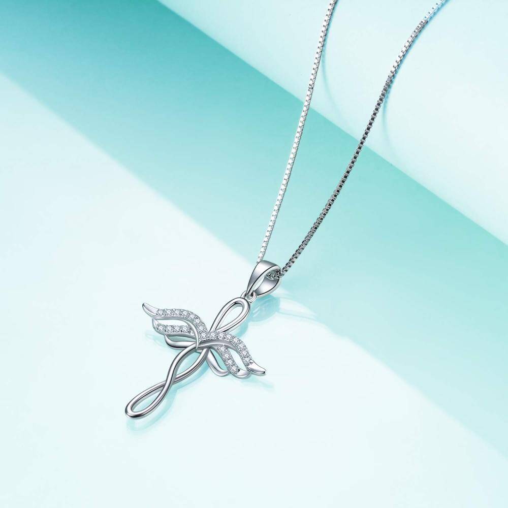 Sterling Silver Angel Wing Cross & Infinity Symbol Necklace For Women-3