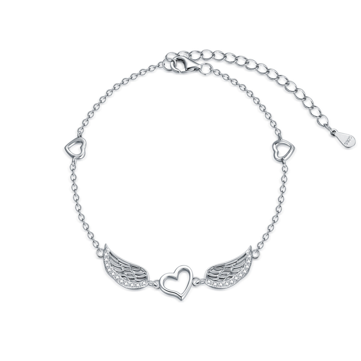 Pulsera de plata de ley con forma circular de circonita con colgante de ala de ángel y cor-1