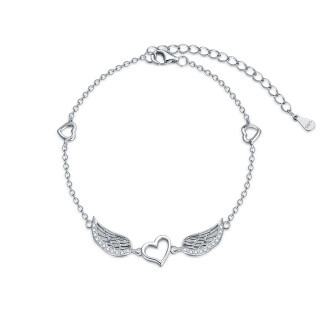 Sterling Silver Circular Shaped Cubic Zirconia Angel Wing & Heart Pendant Bracelet-4